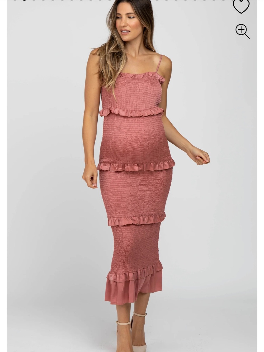 PinkBlush Mauve Satin Smocked Fitted Maternity Midi Dress